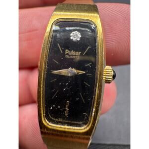 VTG PULSAR Diamond Watch Women Gold Tone Rectangle Y434-5060 13mm Safety Chain